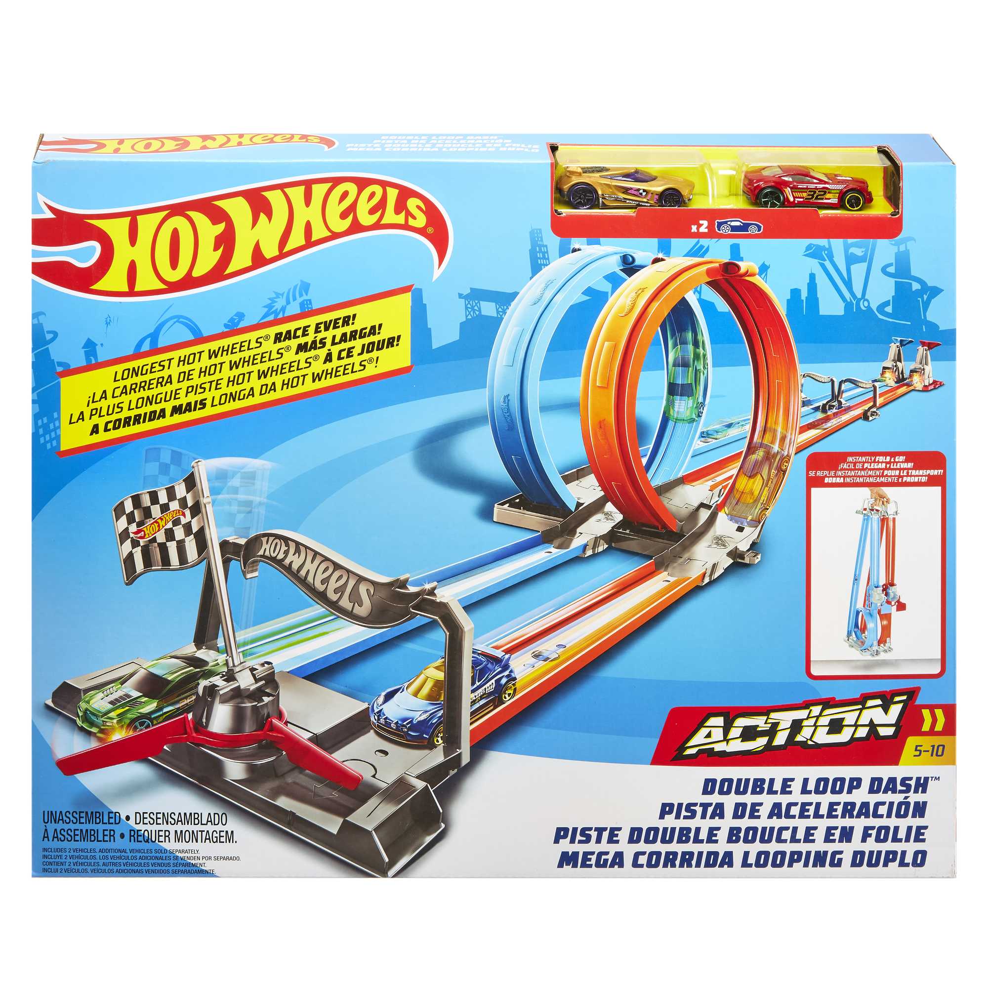 HOT WHEELS DVOJNÁSLUČNÁ ZÁVODNÁ DRÁHA 2V1 SET 4 METRE 2 DETSKÉ AUTÁ